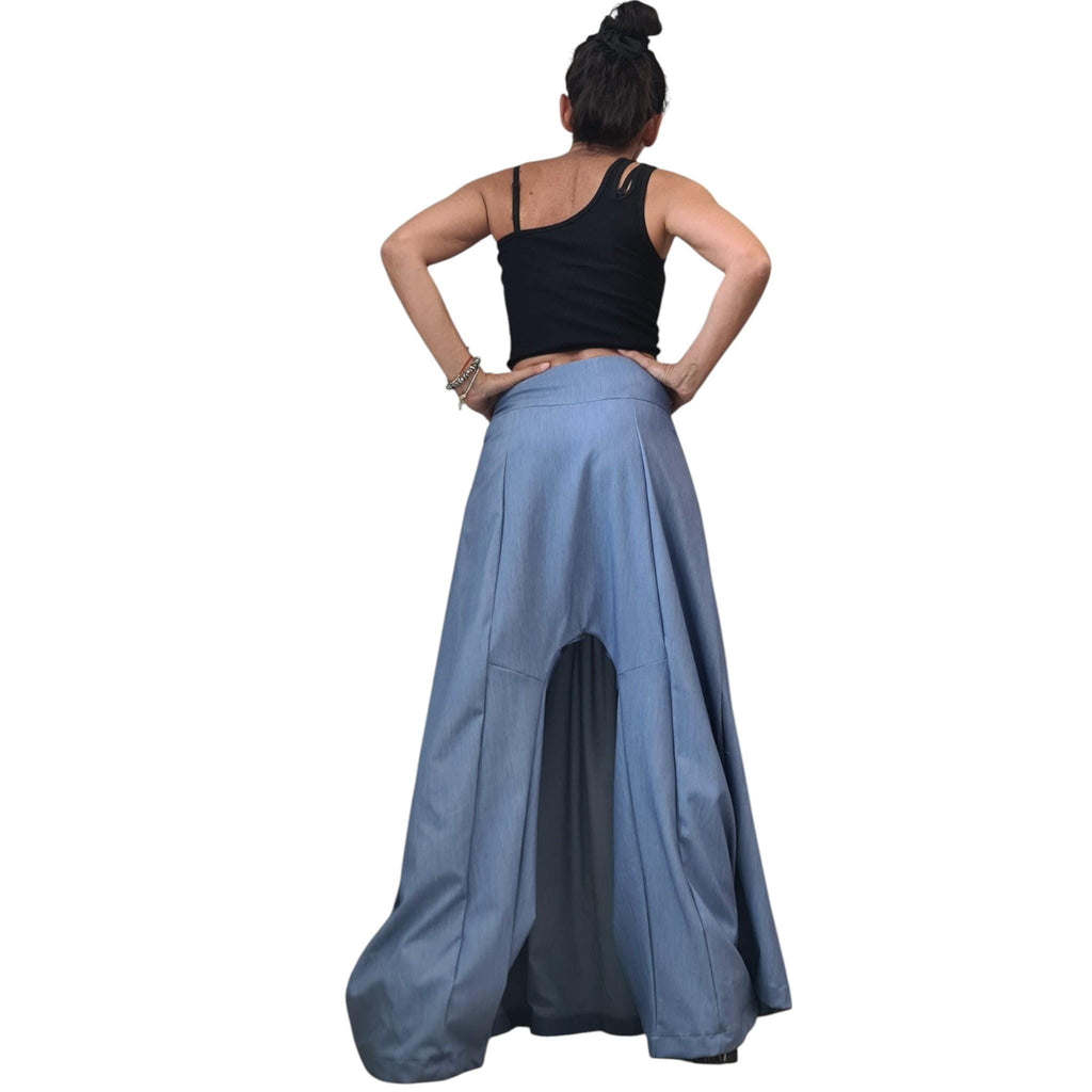 Light Blue Denim Harem Trousers, Wide Leg Pants, Pleated Front Panel, Convertible Skirt Design