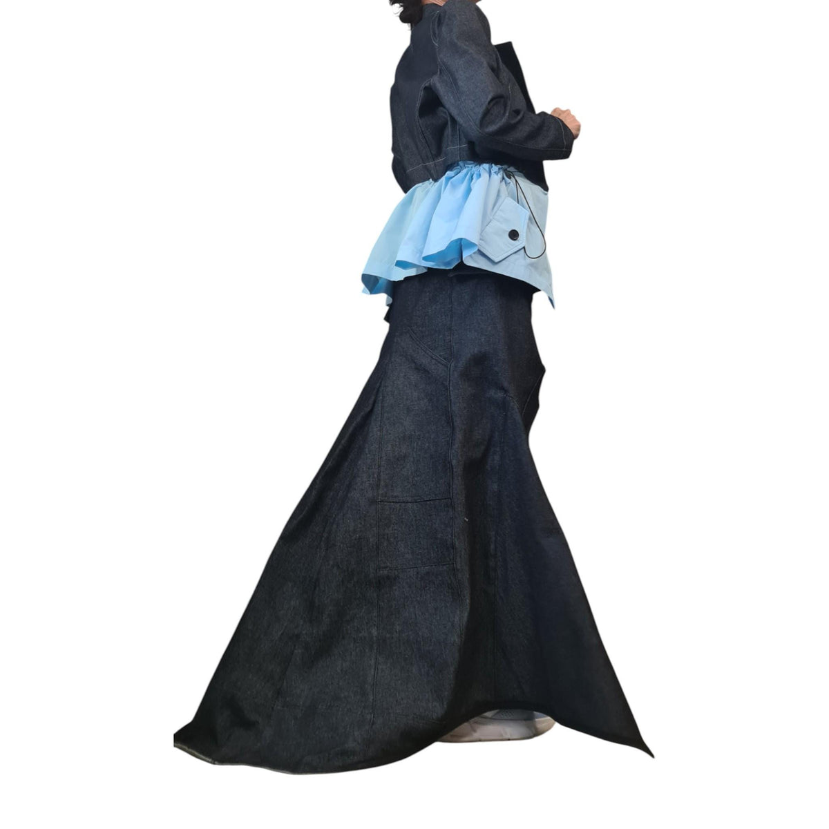 Denim Costume for Women, Avant Garde Denim Blazer, Asymmetric Long Short Skirt