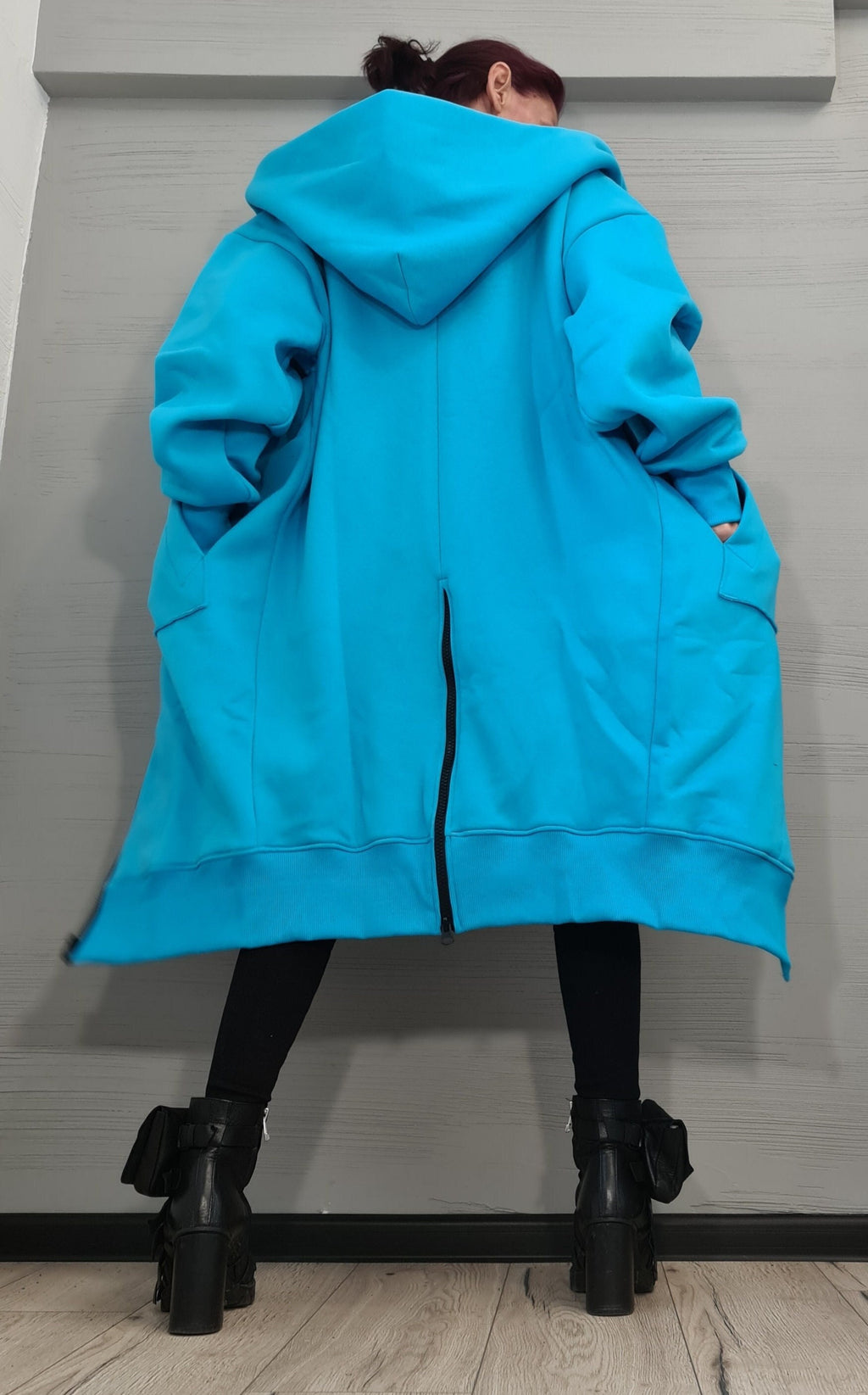 Blue Hooded Cotton Sweatshirt, Oversized Loose Coat, Plus Size Longline Hoodie