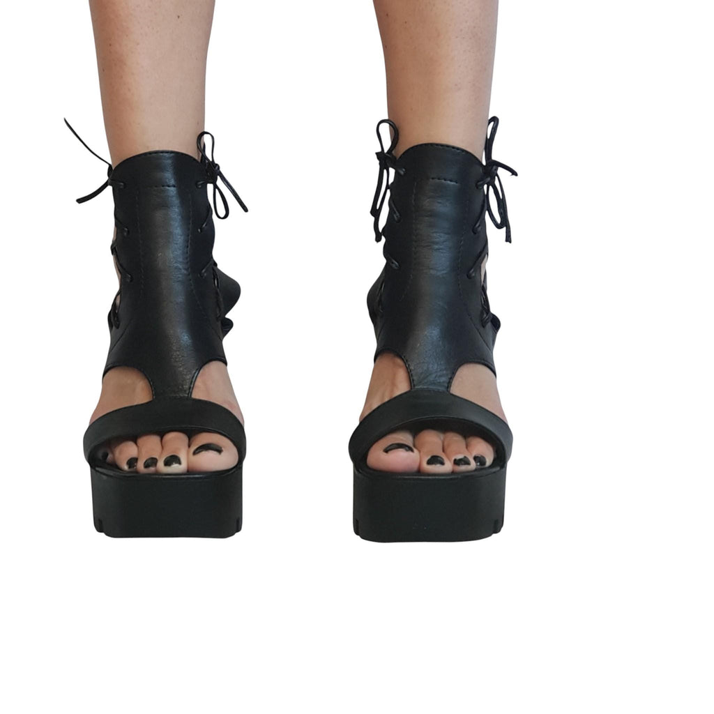 Black Leather Open Toe Platform Wedge Ankle Gladiator Sandals for Women Gothic Style