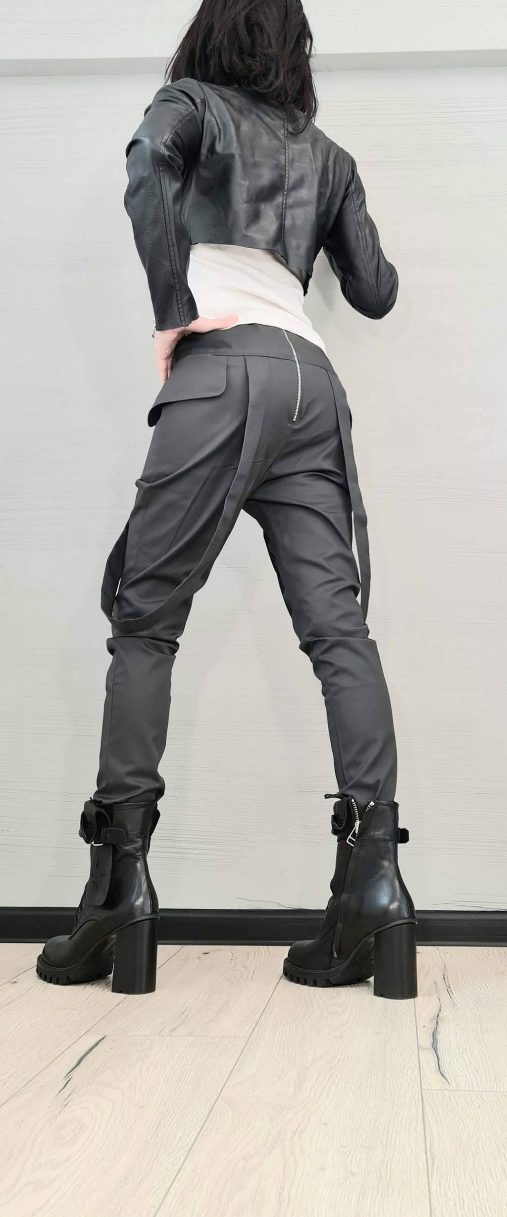 Gray Drop Crotch Pants, Side Leg Pockets, Hanging Straps