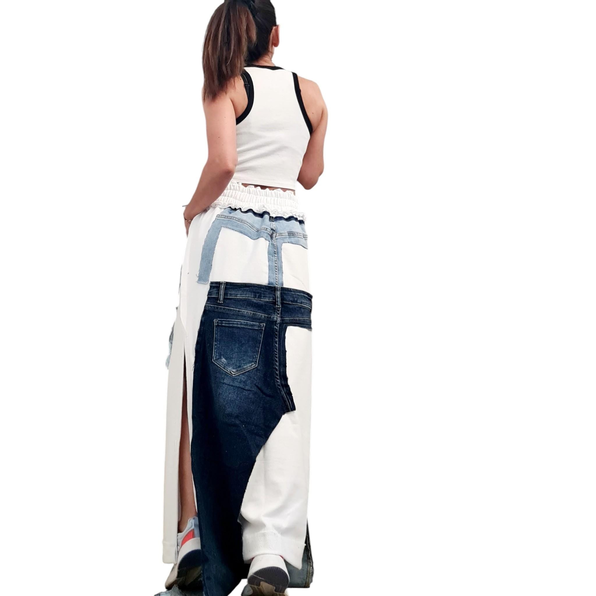 White Maxi Skirt, Cotton with Denim Details, Asymmetric Design with External Seams