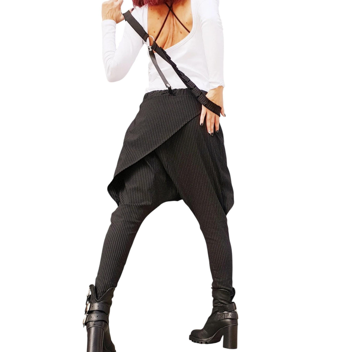 Black Pinstripe Harem Pants, Skirt Overlay, Tapered Leg, Decorative Suspenders