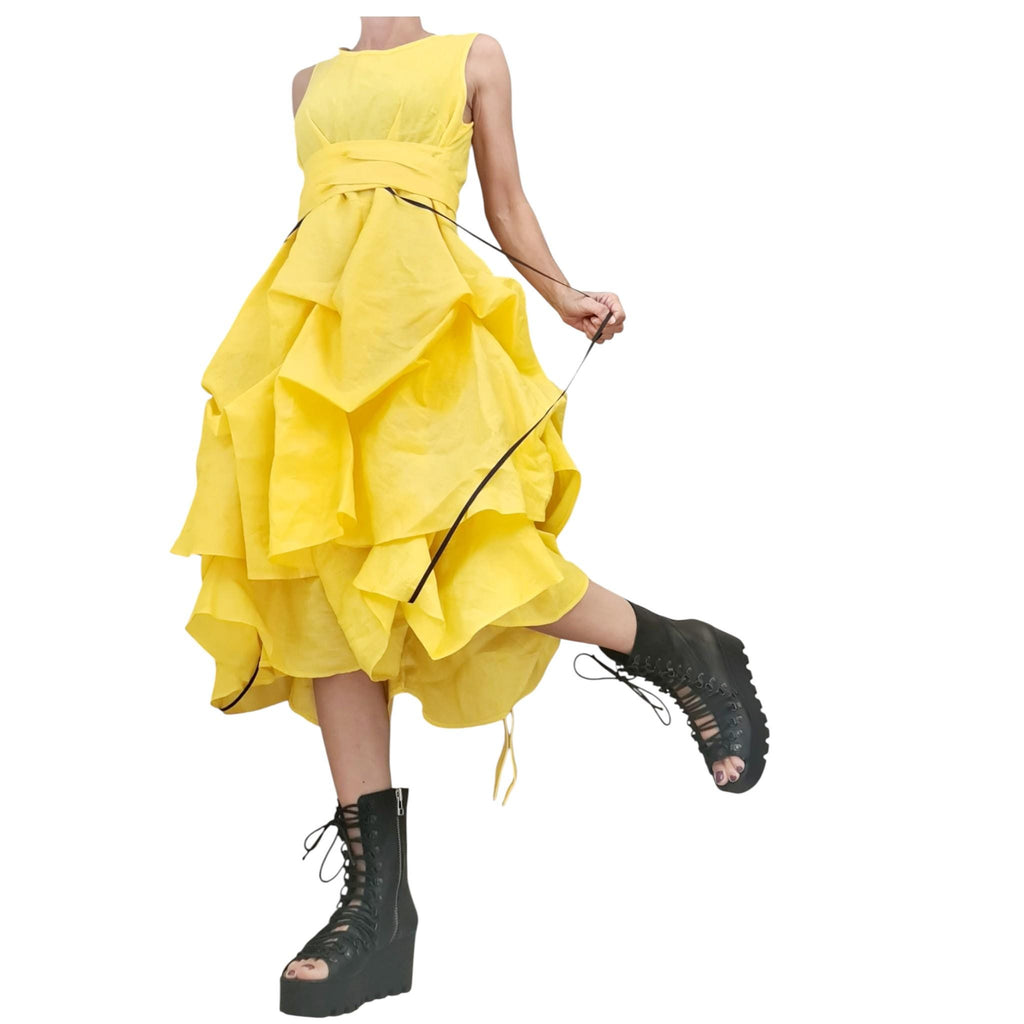Yellow Linen Asymmetric Dress for Women, Sculptural Summer Dress, Avant garde Adjustable Volume Skirt
