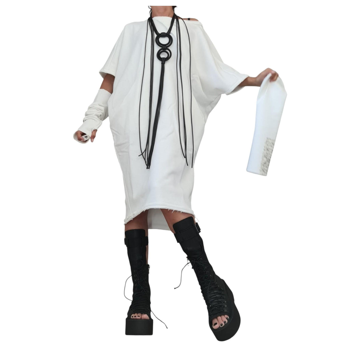 White Cotton Tunic Dress Knee Length | Asymmetric Blouson Cut | fashion for women | architectural