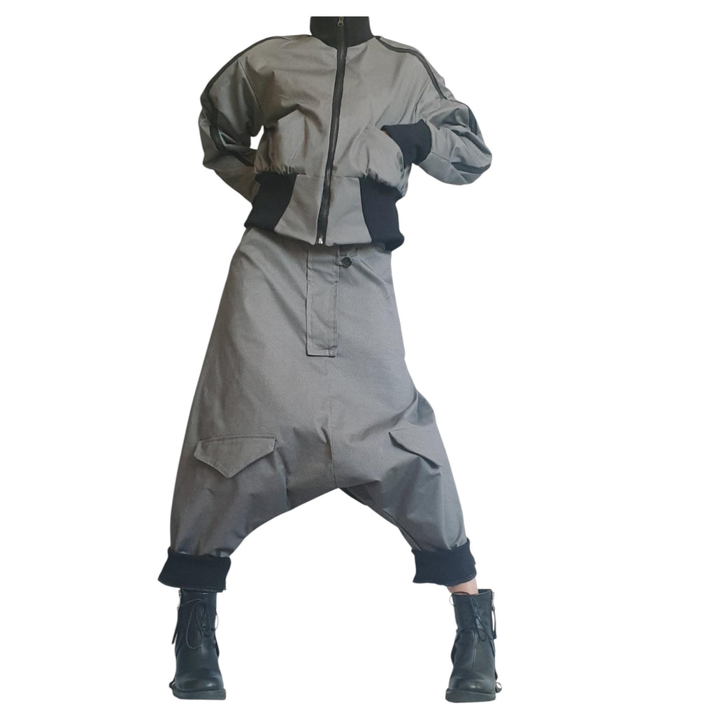 Grey Cropped Winter Bomber Jacket, Off Shoulder Neckline, Back Zip Opening