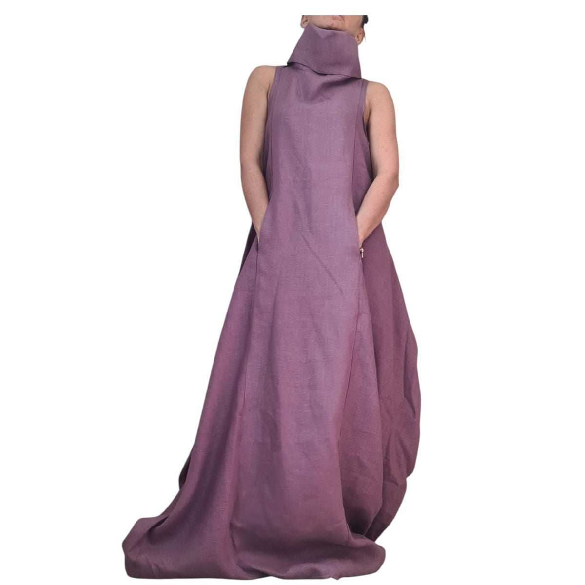 Lavender Linen Maxi Dress, High Neck Sleeveless Balloon Silhouette, Boho Style, Plus Size