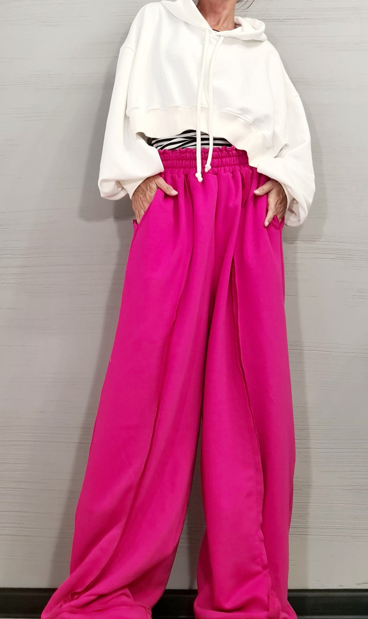 Fuchsia Wide Leg Pants, French Terry Cotton Trousers, Drop Crotch, Plus Size
