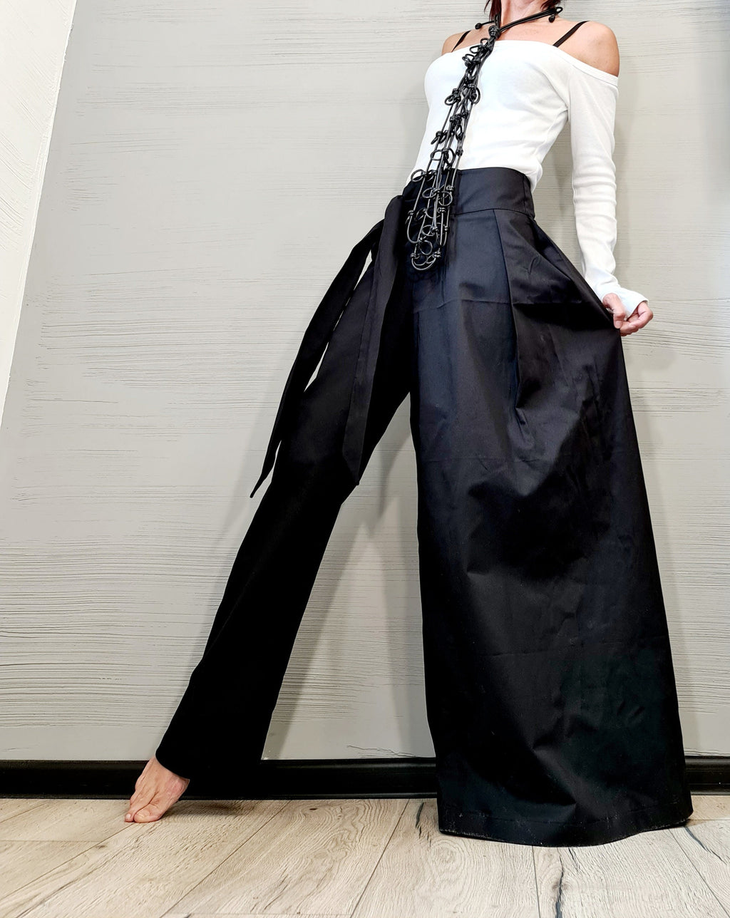 Avant Garde Asymmetric Wide Leg Pants, Black Wrap Front Trousers