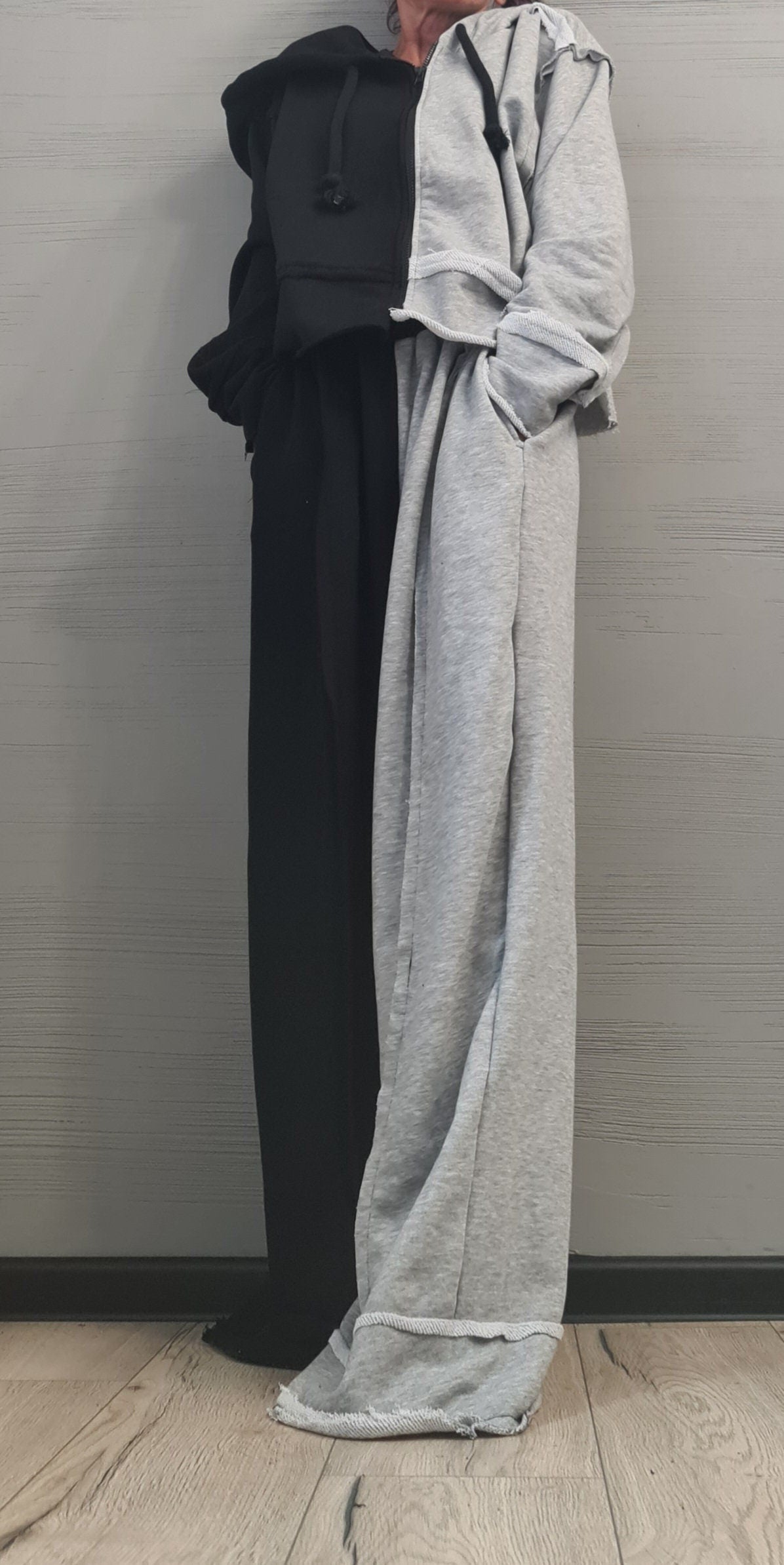 Two-Tone Cotton Women's Tracksuit Set, Loose Pants, Hooded Short Sweatshirt