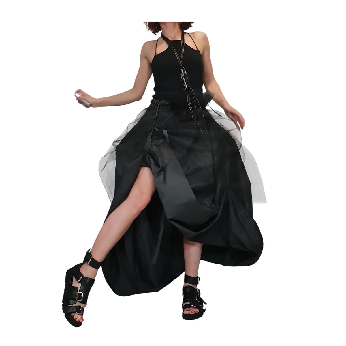 Asymmetric Tulle Ball Skirt, Gothic Wedding Dress, Black Taffeta Circle Skirt