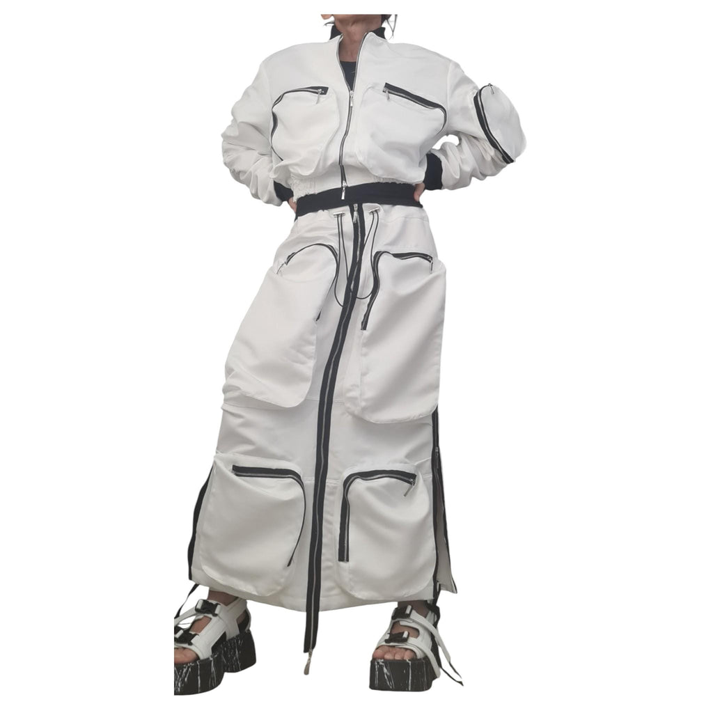 White Cotton Sateen Maxi Skirt, Cropped Jacket, Cargo Zip Pockets, Two-Piece Co-Ord Set