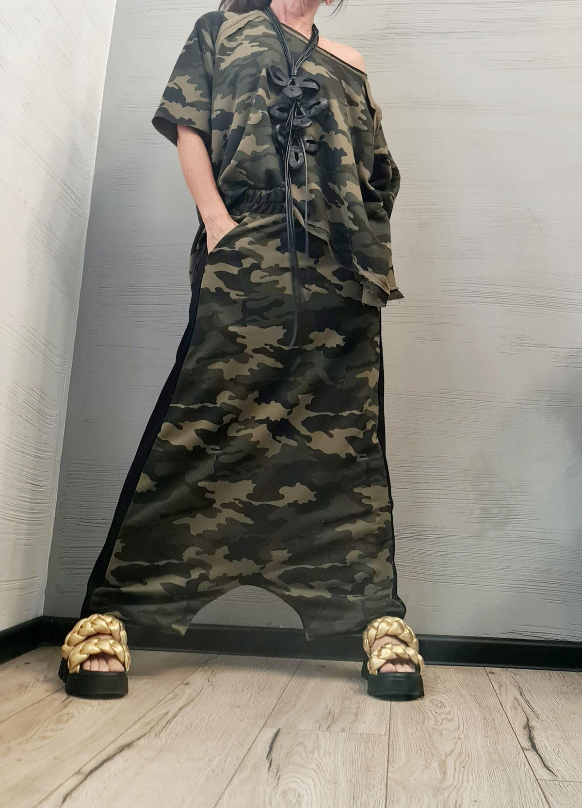 Camouflage Cotton Harem Pants, Open Back Lace-Up Blouse Set