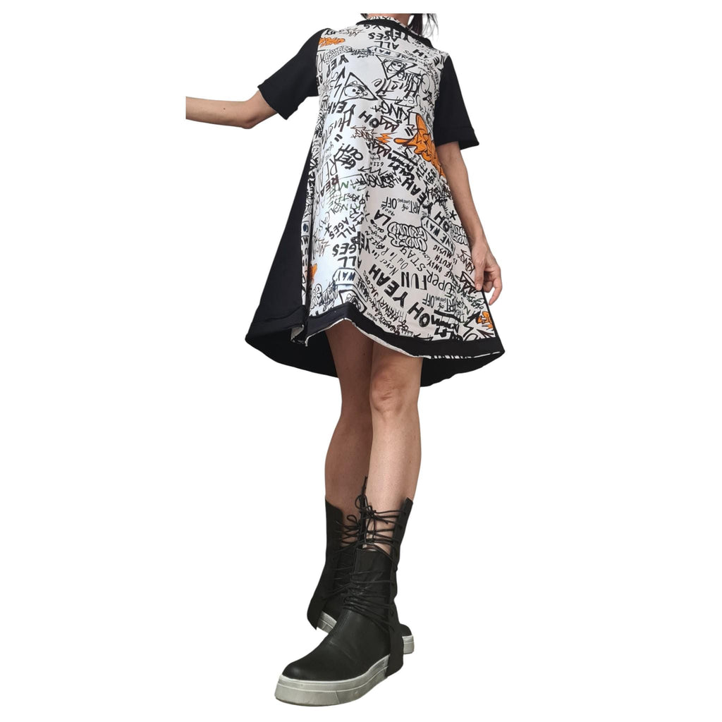 French Terry Dress, Cotton Sweatshirt Tunic, Black and White, Graffiti Print, Avant Garde Clothing