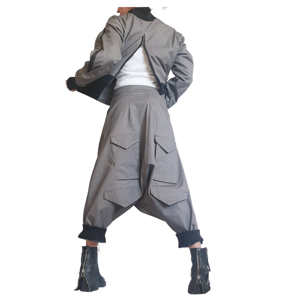 Grey Cropped Winter Bomber Jacket, Off Shoulder Neckline, Back Zip Opening