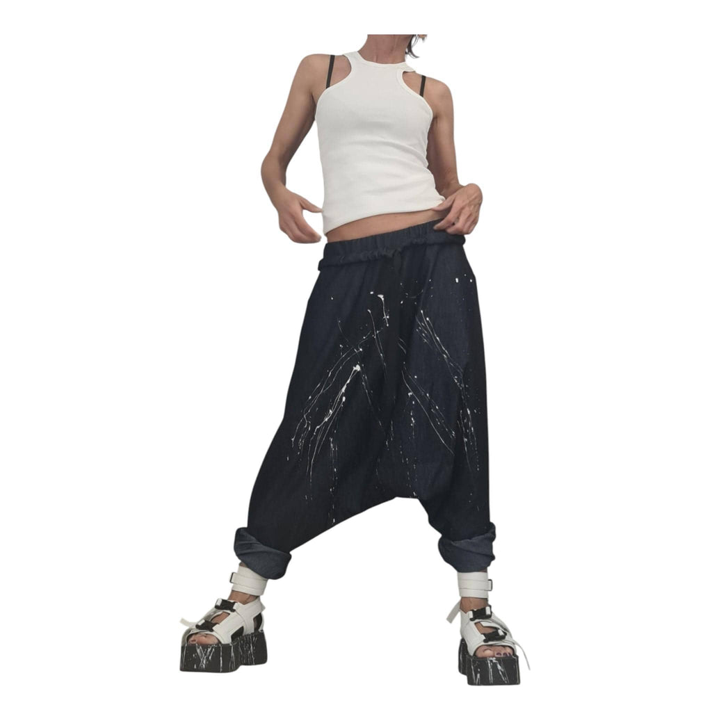 Extravagant Denim Harem Trousers, Avant Garde Deep Drop Crotch Pants for Women