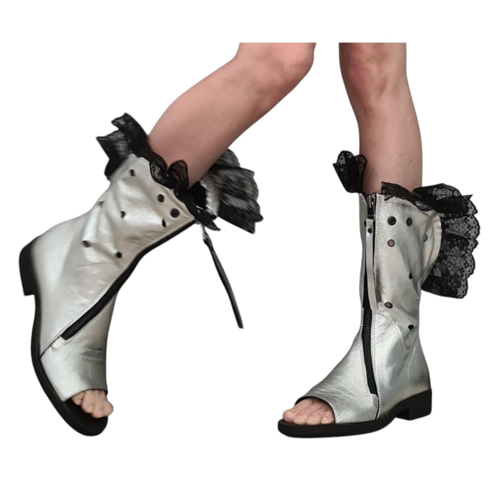 White Open Toes Summer Boots, Lace Ankle Leather Shoes, Extravagant Wedding Booties