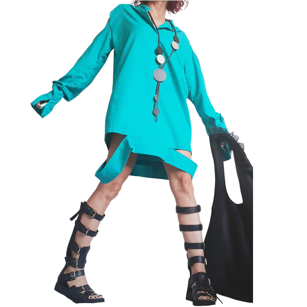 Turquoise Linen Dress for Women, Oversized Loose Summer Shirt, Boho Beach Dress