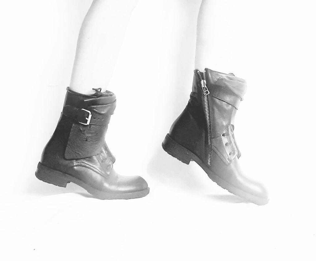 Black Leather Boots, Grunge Gothic Ankle Booties, Steampunk Women Footwear