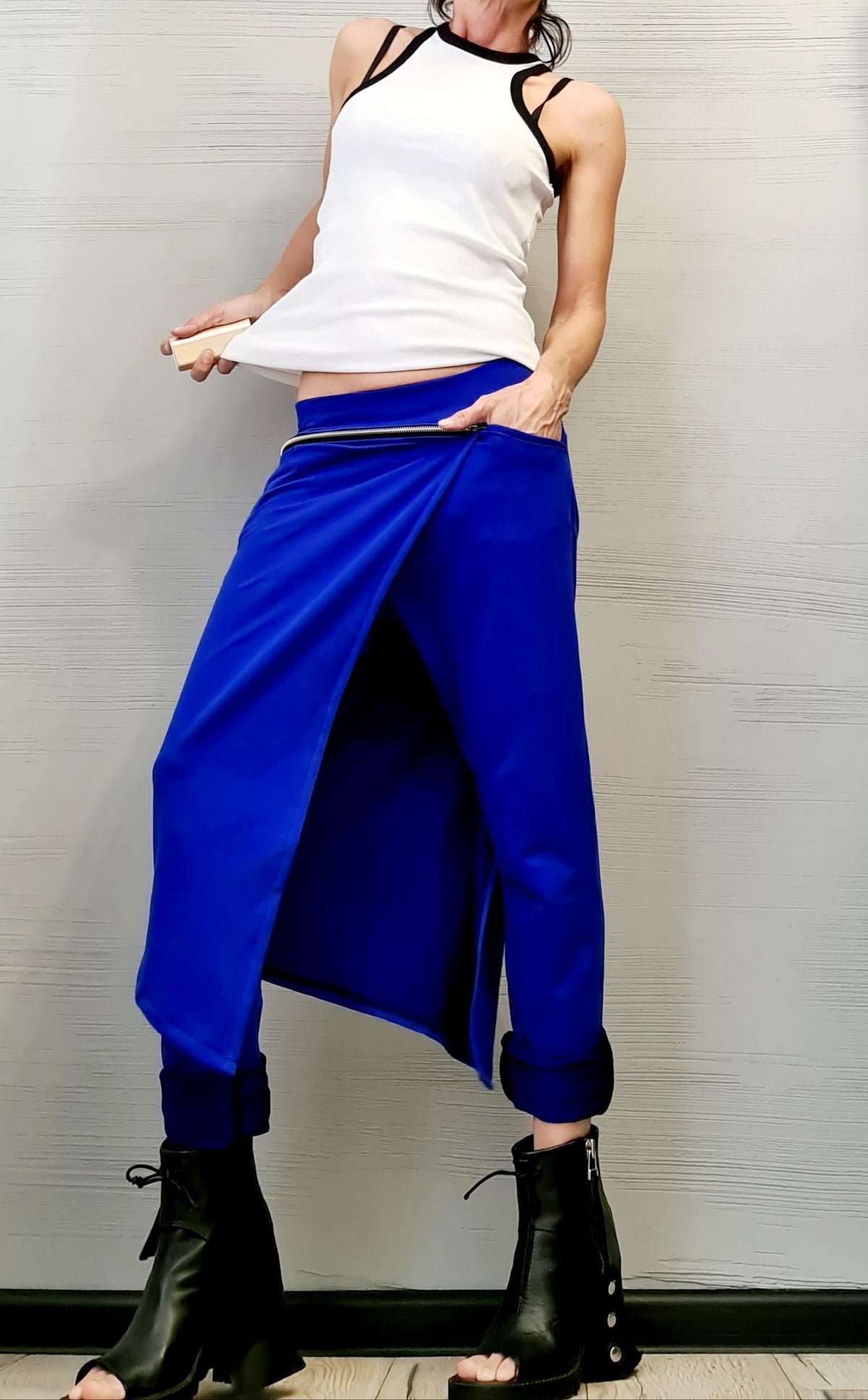 Royal Blue French Terry Pants, Wrap Skirt Overlay, Slim Leg, Asymmetric Trousers