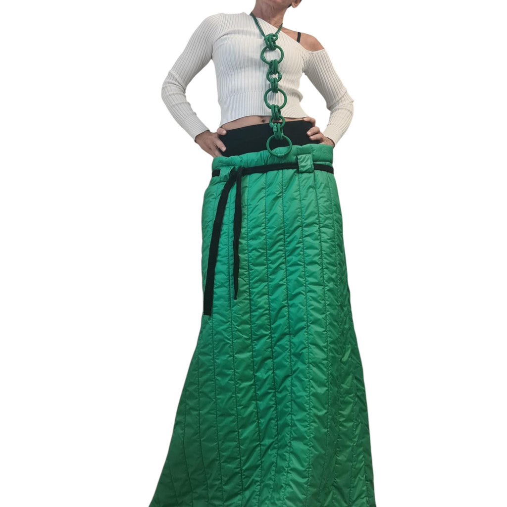 Green Quilted High-Waist Maxi Skirt, Cropped Hooded Puffer Jacket, Side Slit, Two-Piece Co-Ord Set