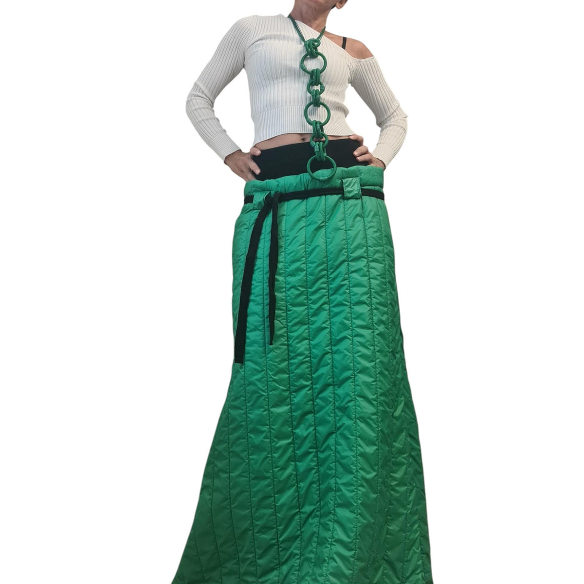 Green Quilted High-Waist Maxi Skirt, Cropped Hooded Puffer Jacket, Side Slit, Two-Piece Co-Ord Set