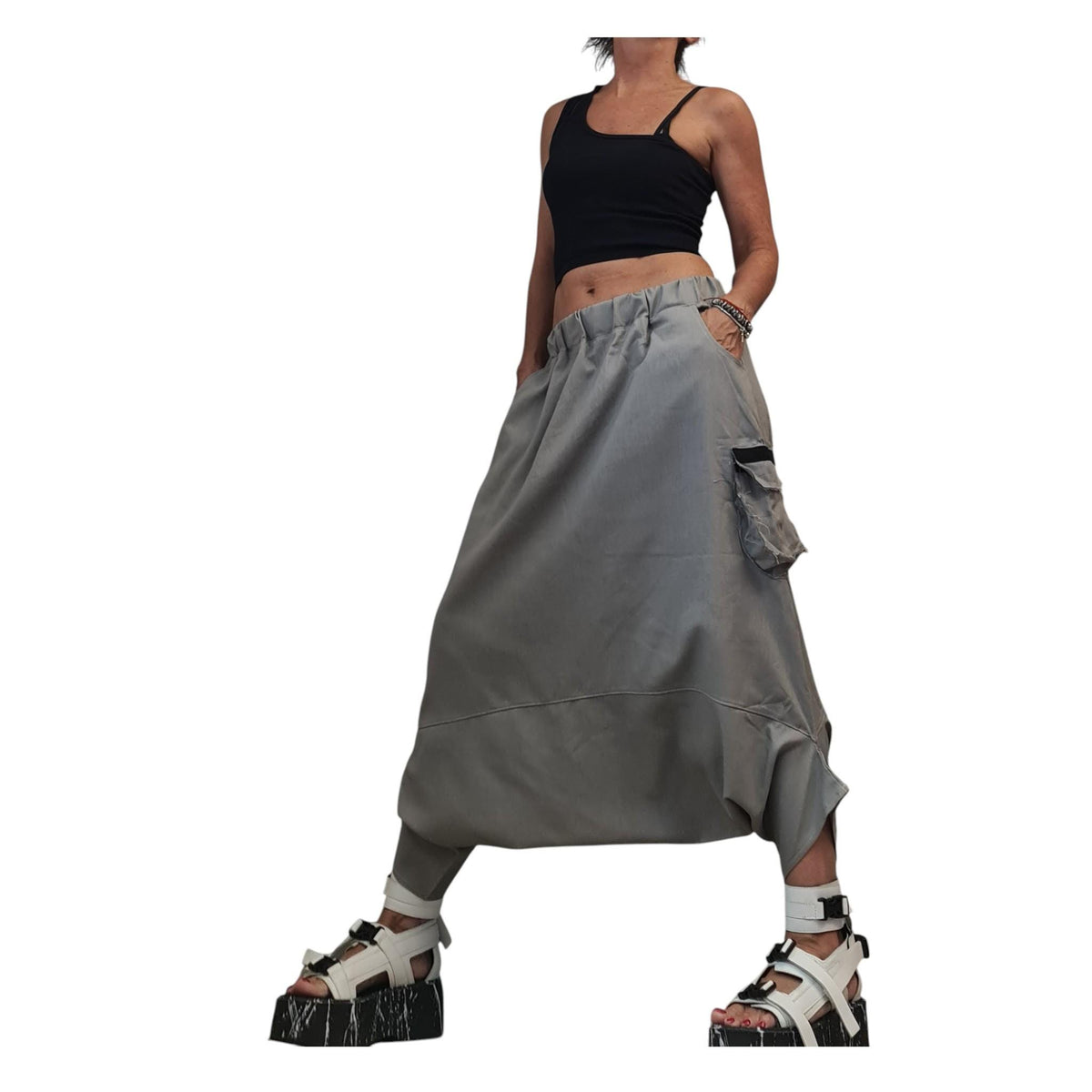 Gray Linen Harem Pants, Mid-Calf Drop Crotch Trousers, Cargo Pockets, Elastic Waist, Plus Size