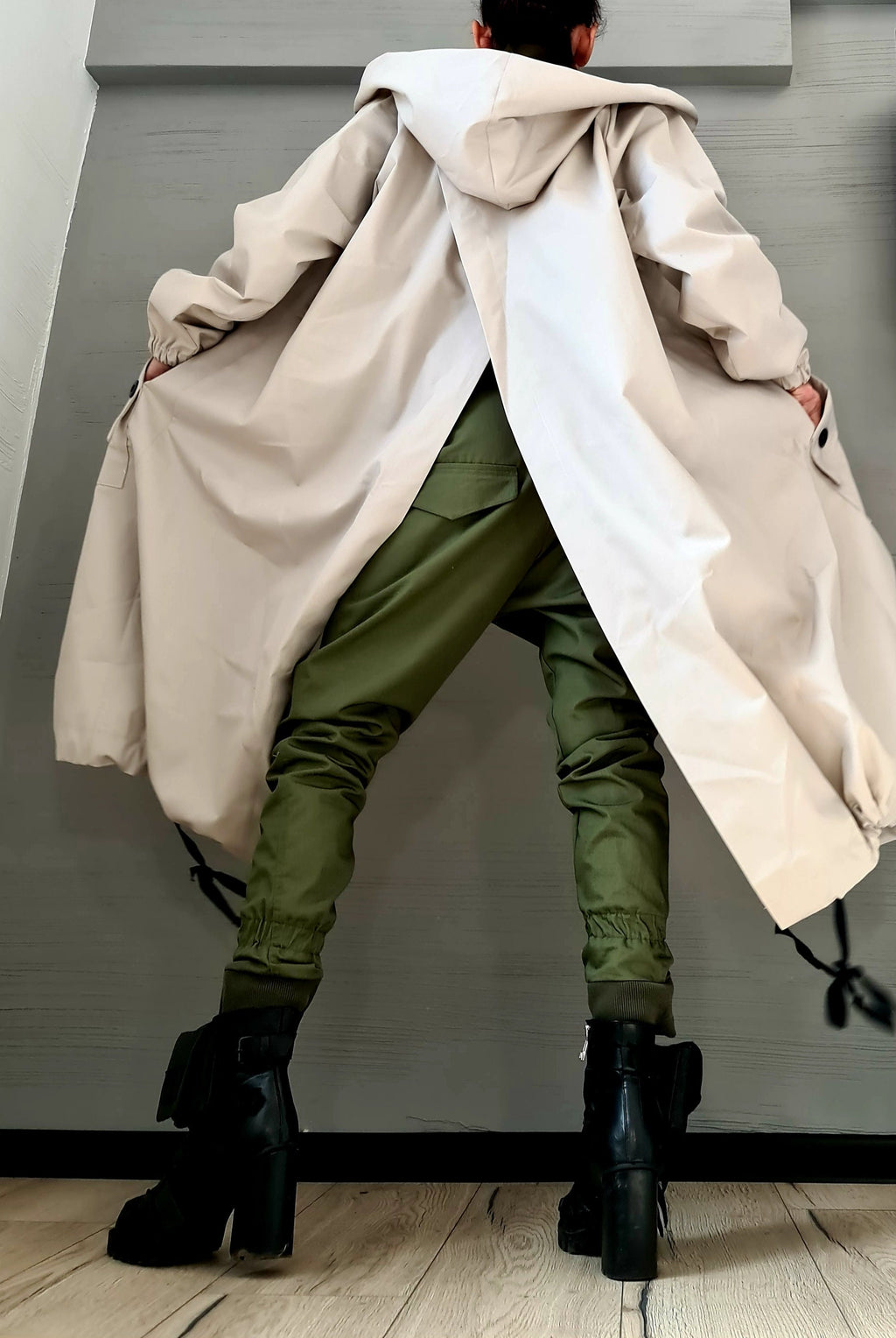 Light Beige Asymmetrical Hooded Trench Coat, Ripstop Jacket with Overlapping Open Back