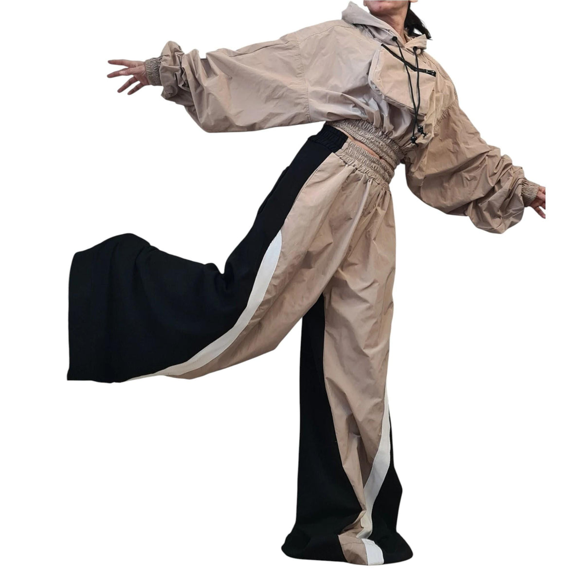 Asymmetrical Women's Set, Wide Leg Cotton Pants with Windproof Fabric Details, Windproof Hoodie