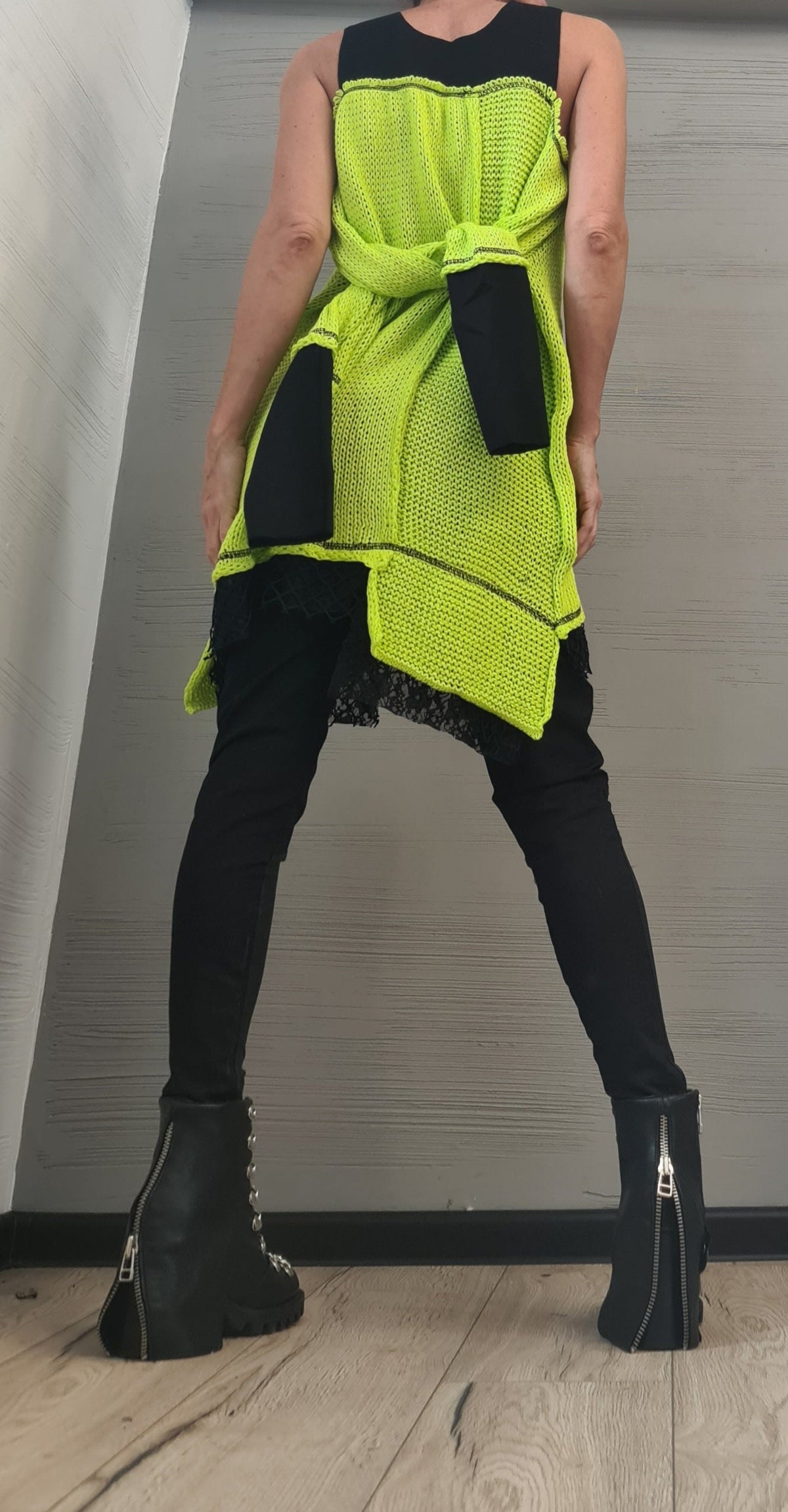 Lime Asymmetric Knitted Tunic, Open Shoulder Blouse, Plus Size Sweater