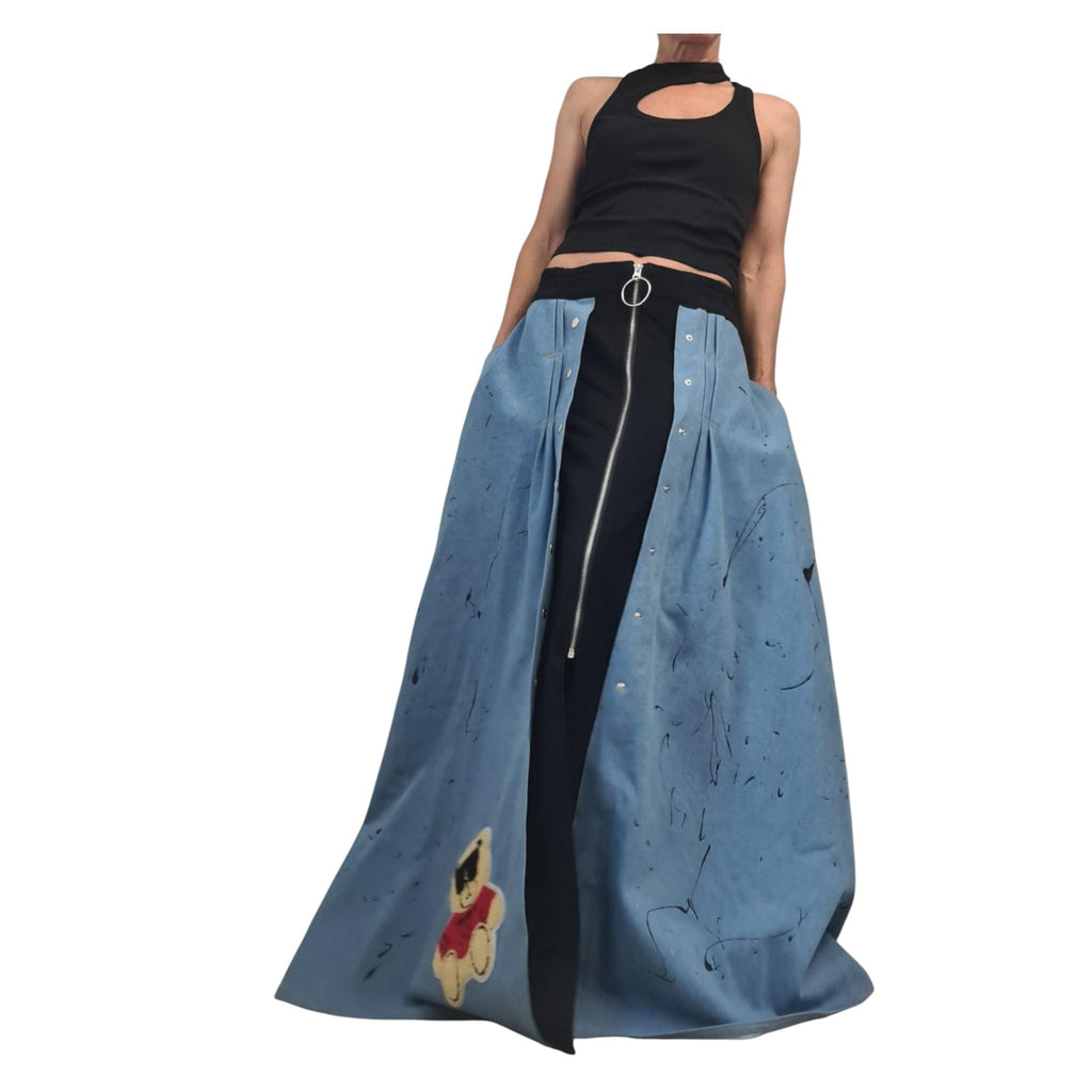 Deconstructed Avant Garde Cotton Denim Long Skirt, Extravagant Design