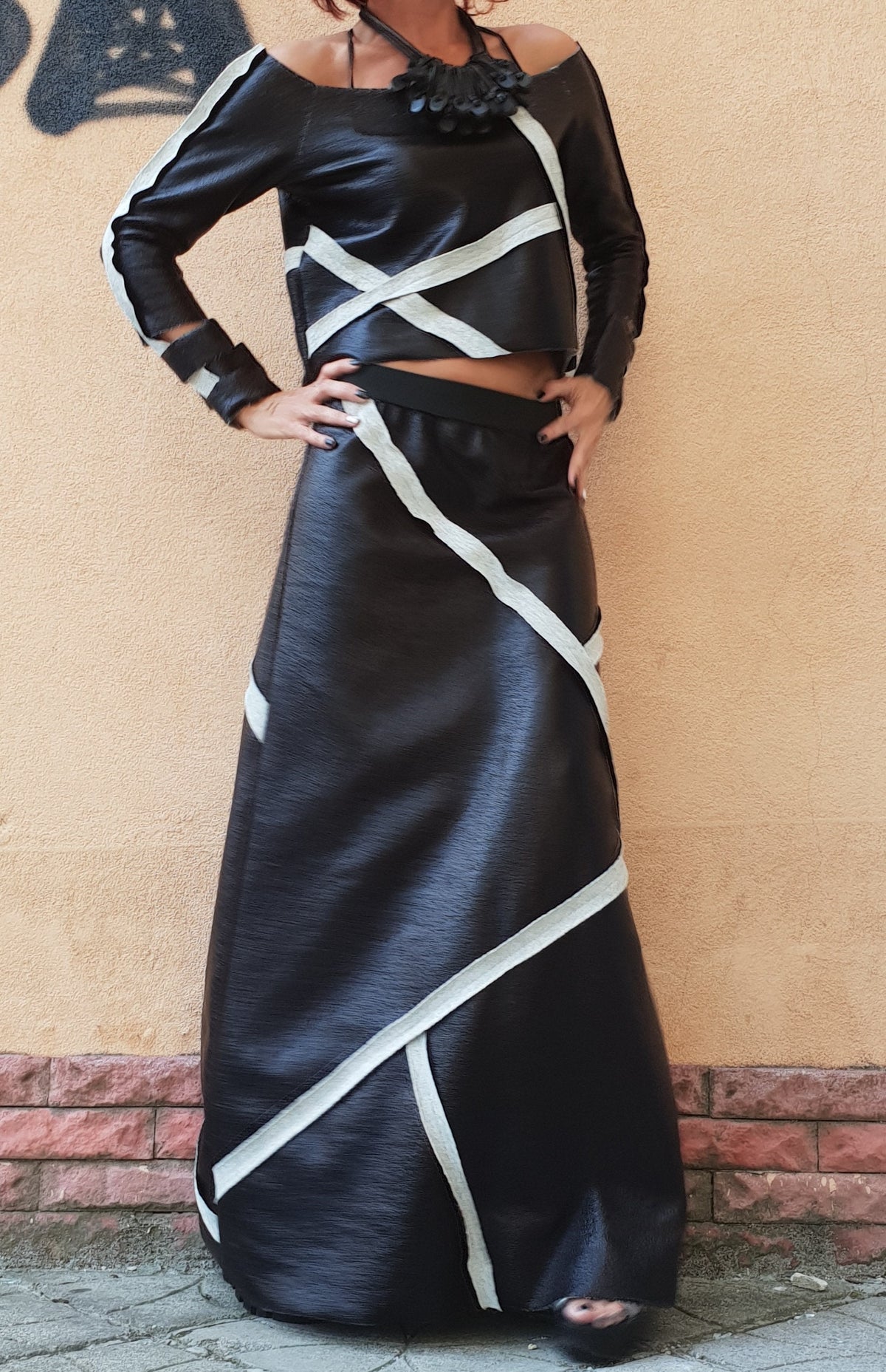 Black Eco-Leather Maxi Skirt, Cropped Long Sleeve Blouse, Contrast Trim Two Piece Co-Ord Set