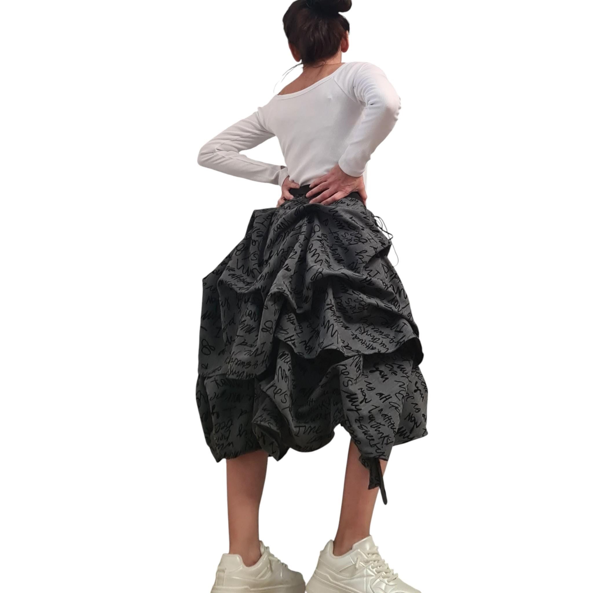 Asymmetric Maxi Skirt, Adjustable Length, Avant Garde Handmade, Balloon Silhouette ,Text Print, Knee Length