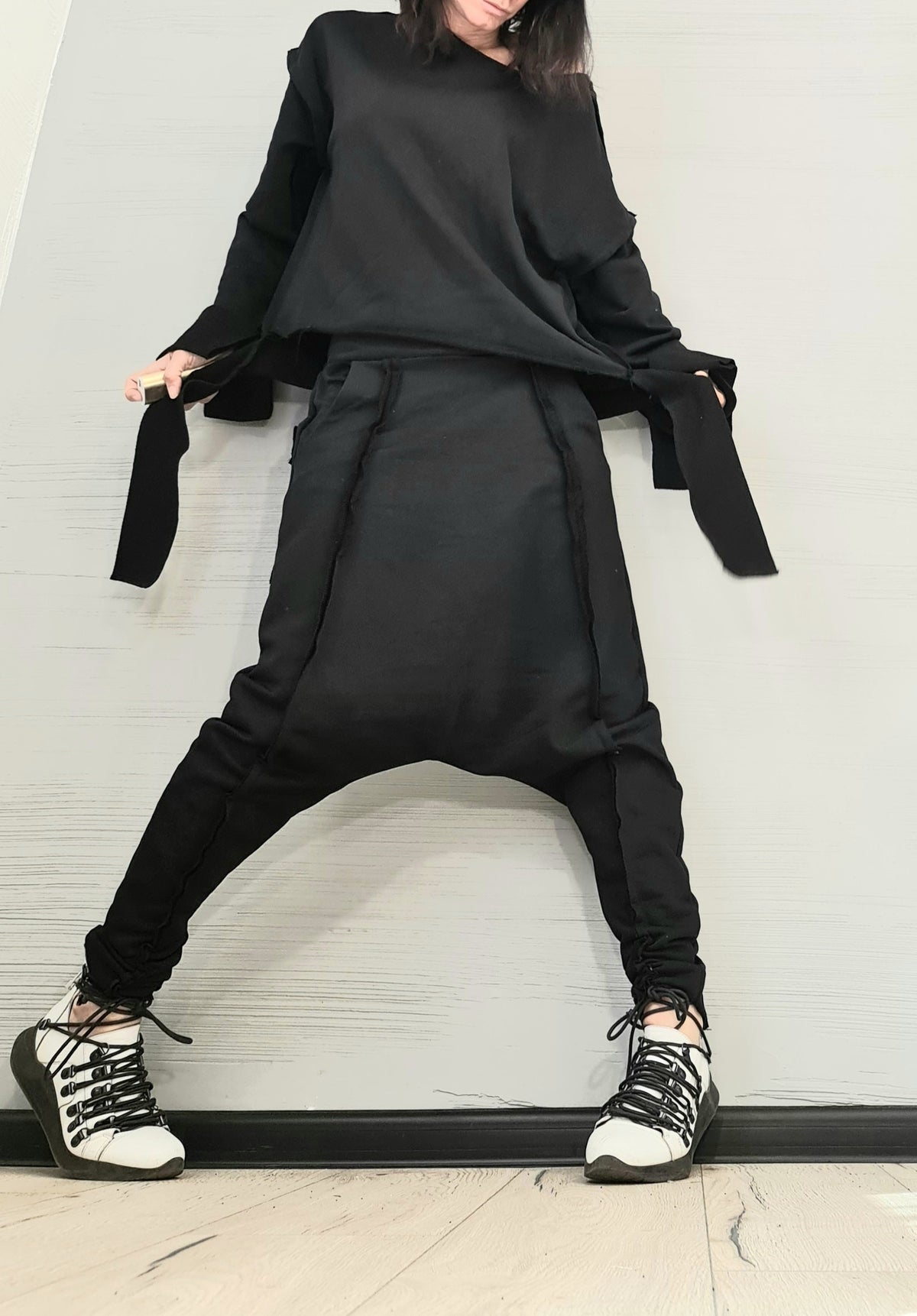 Black Cotton Drop Crotch Pants, Asymmetrical Blouse, Wide Cuffs,  Two-Piece French Terry Co-Ord Set
