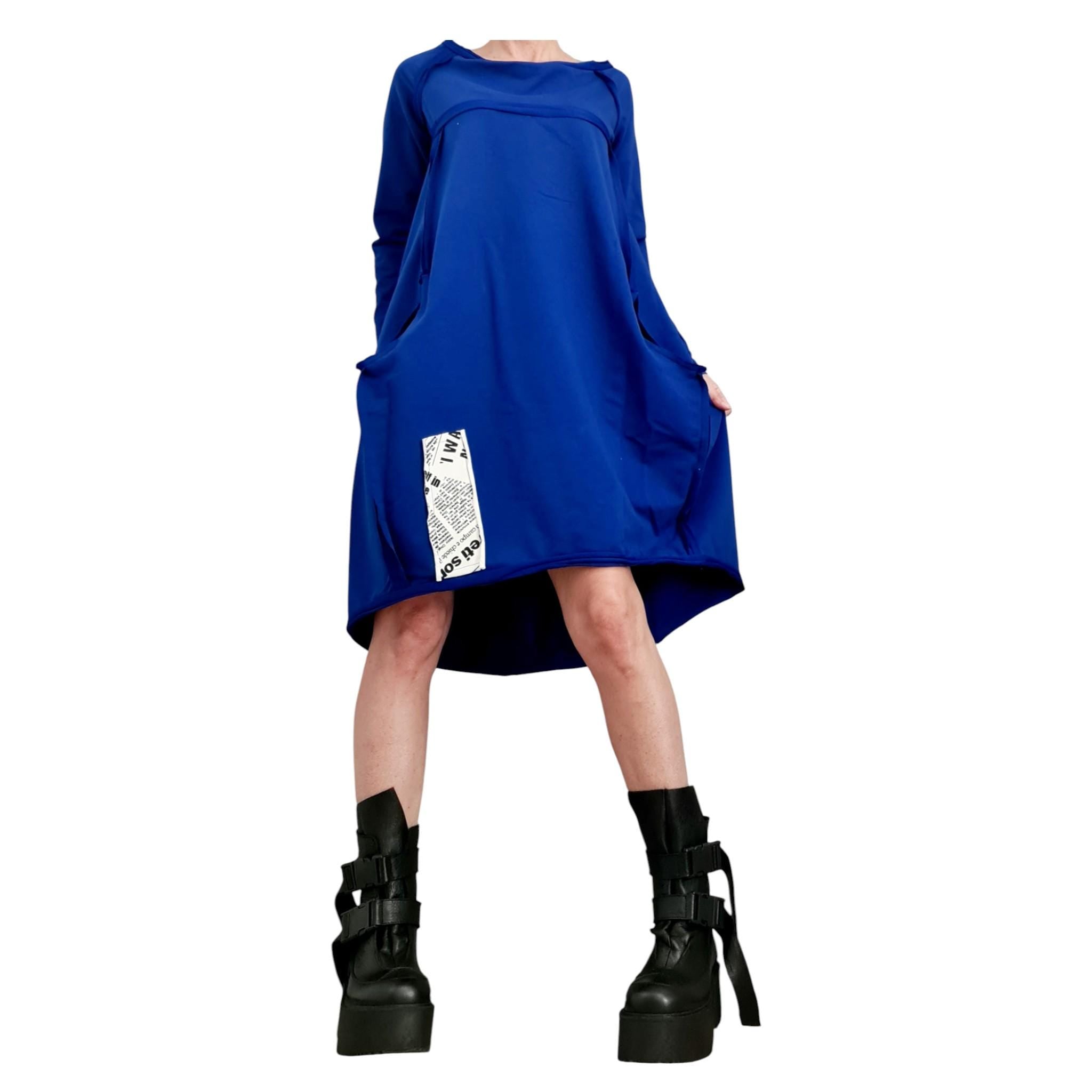 Royal Blue French Terry One Shoulder Dress, Asymmetric High Low Hem, Oversized Tunic Sweatshirt