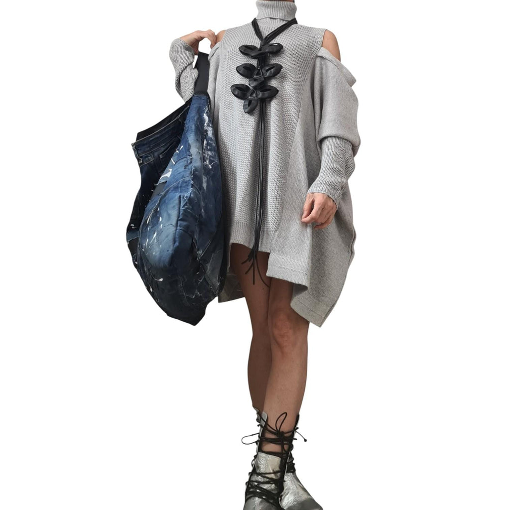 Handmade Oversized Denim Tote Bag, Painted Jeans Hobo Purse