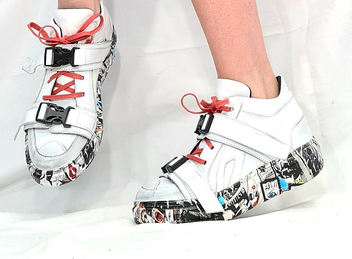 White Leather Sneakers, Grunge Trainers, Colored Sole Women Shoes