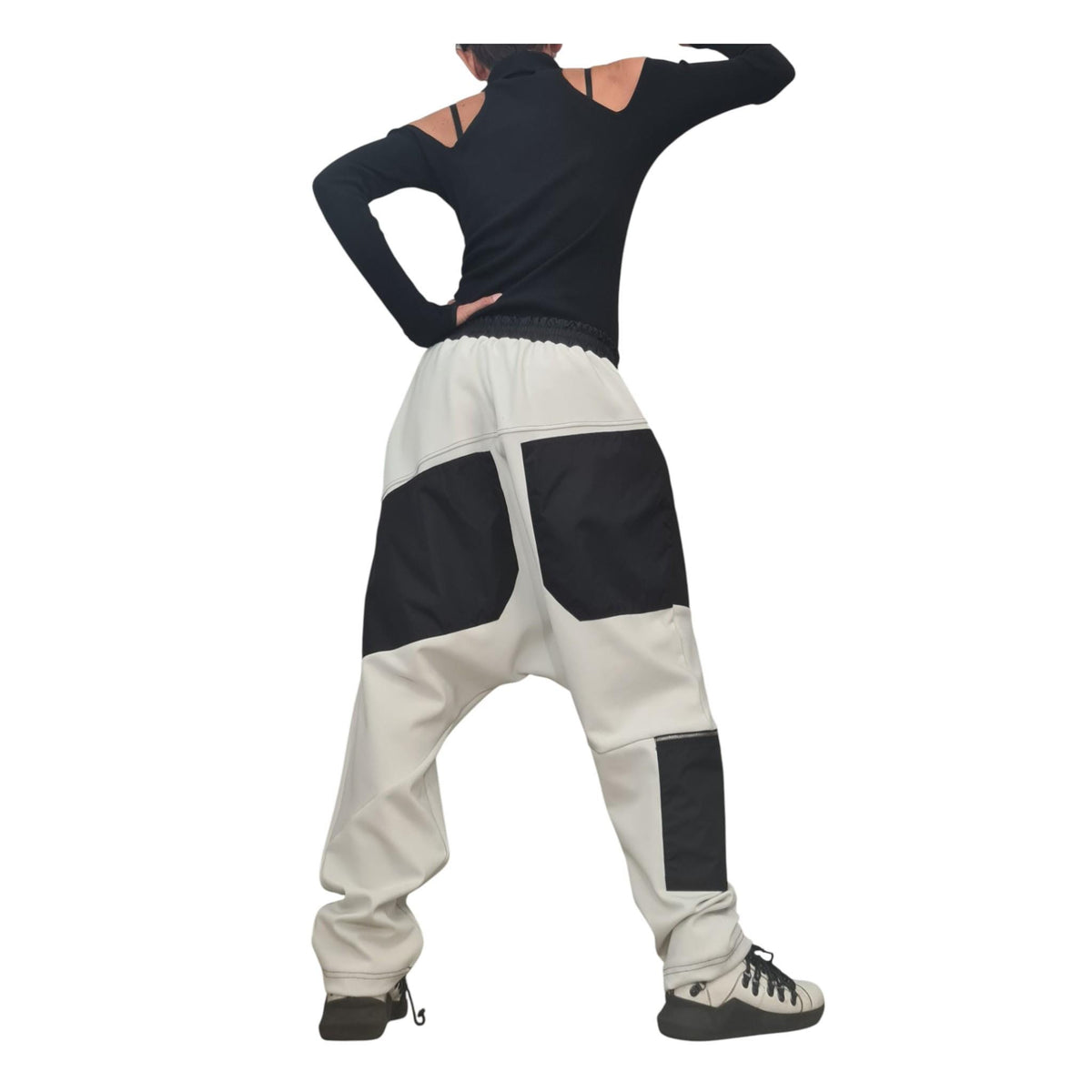 Military Green French Terry Pants, Drop Crotch Trousers, Black Contrast Panels
