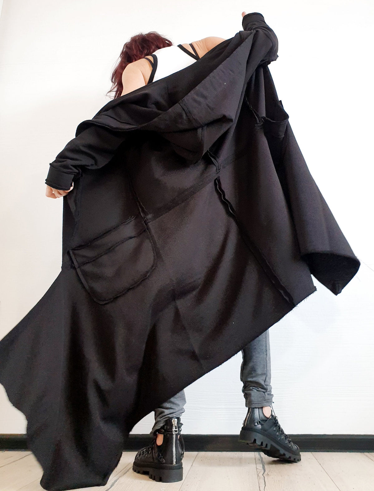 Black Asymmetric Cotton Sweatshirt, Long Hooded Oversized Jacket, Plus Size Coat, Exposed Seams