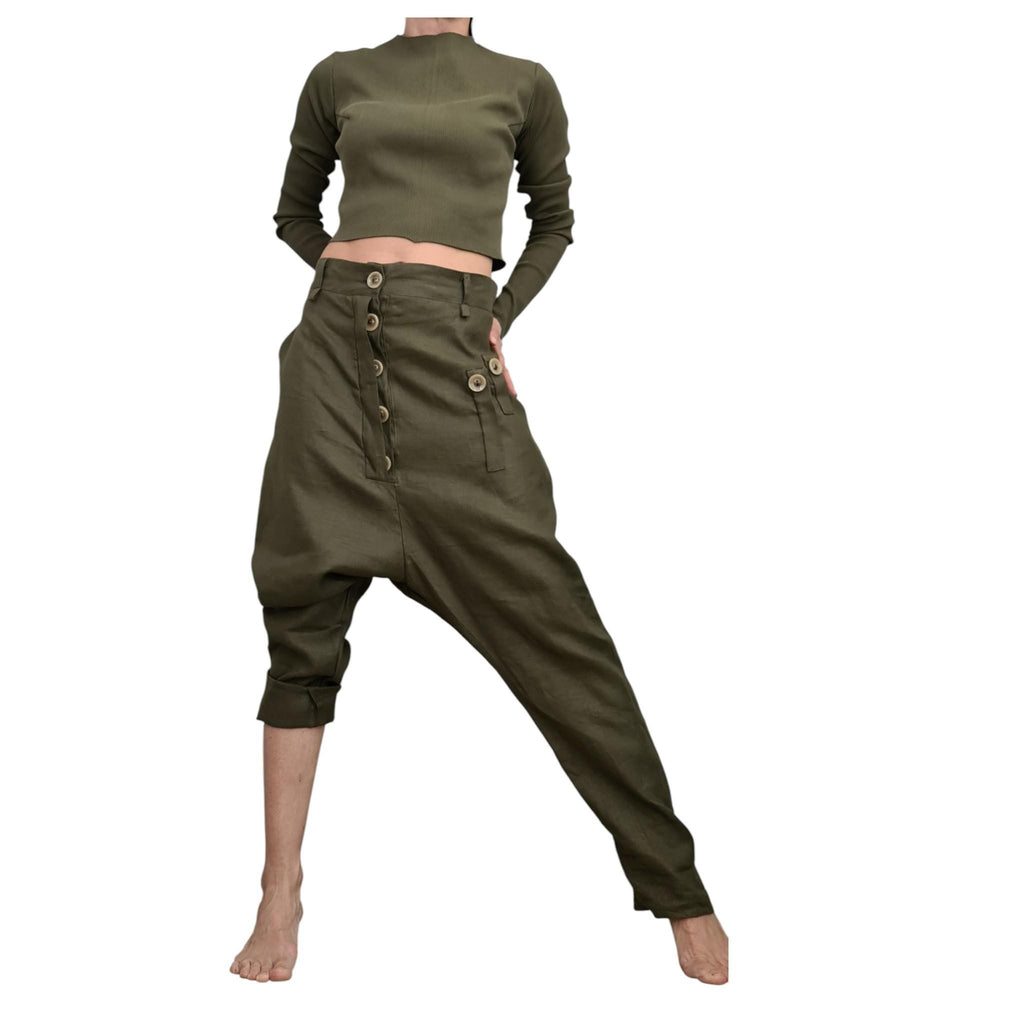 Military Green Linen Harem Pants for Women, Summer Designer Trousers