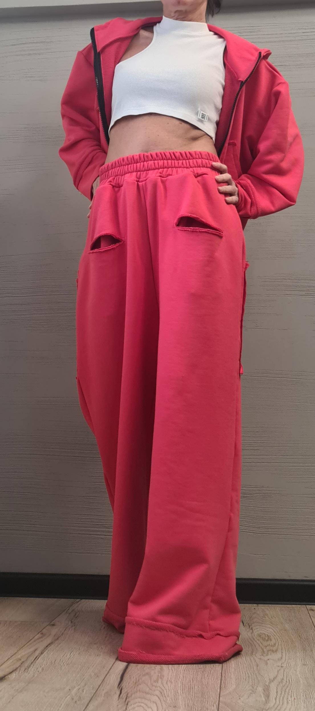 Red Cotton Wide Leg Pants, Cropped Hooded Sweatshirt, Two Piece Co-Ord Tracksuit Set