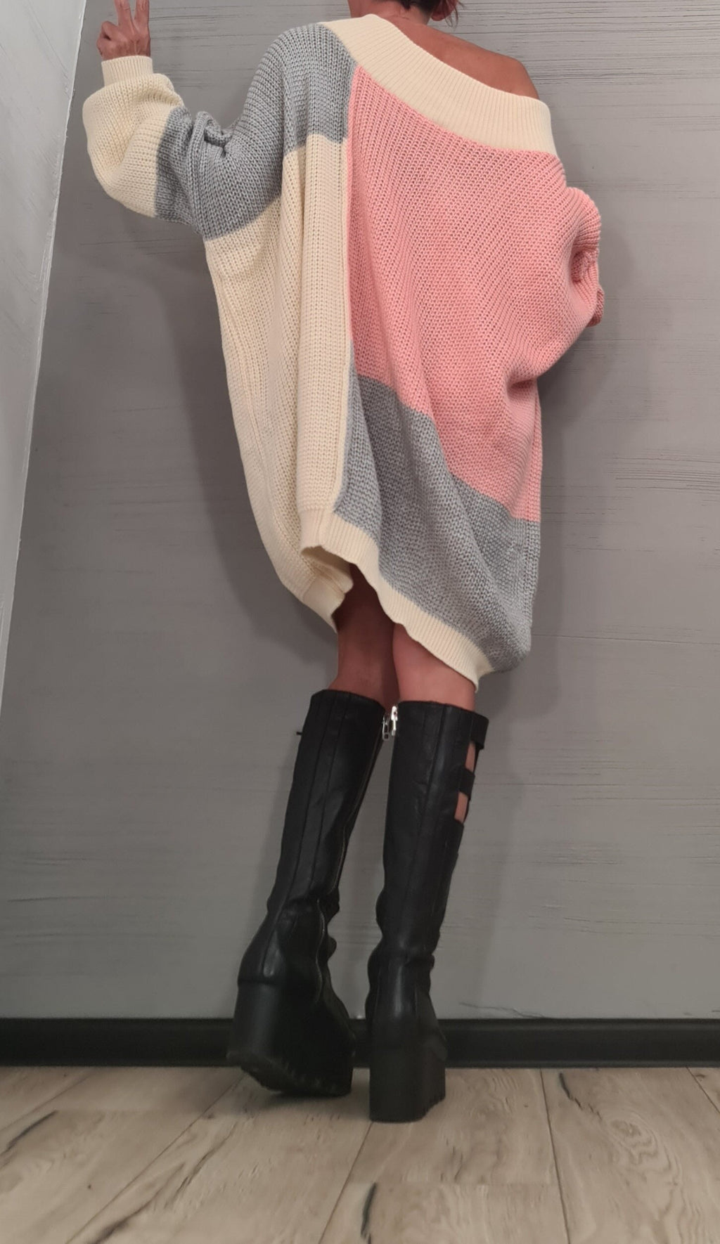 Dusty Rose Color Block Asymmetric Knit Tunic, Oversized Off Shoulder Sweater, Plus Size Top