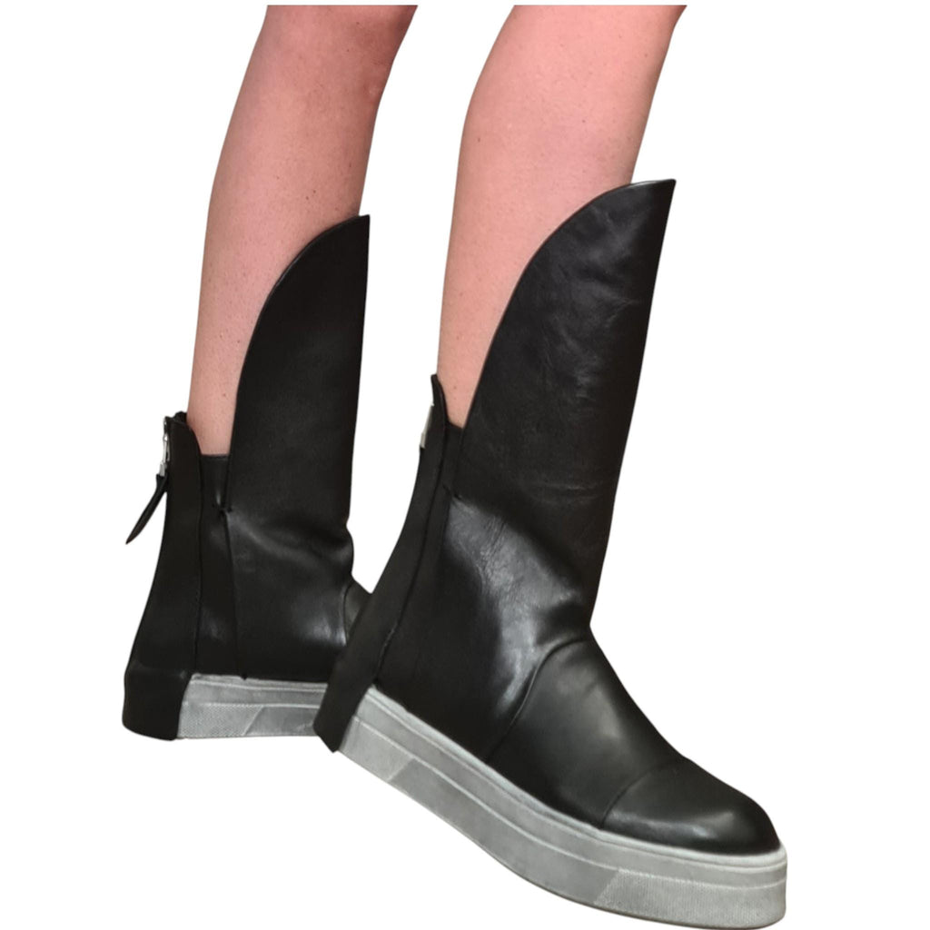 Black Leather Platform Sneakers for Women, Avant Garde High Tongue Boots with Back Zipper