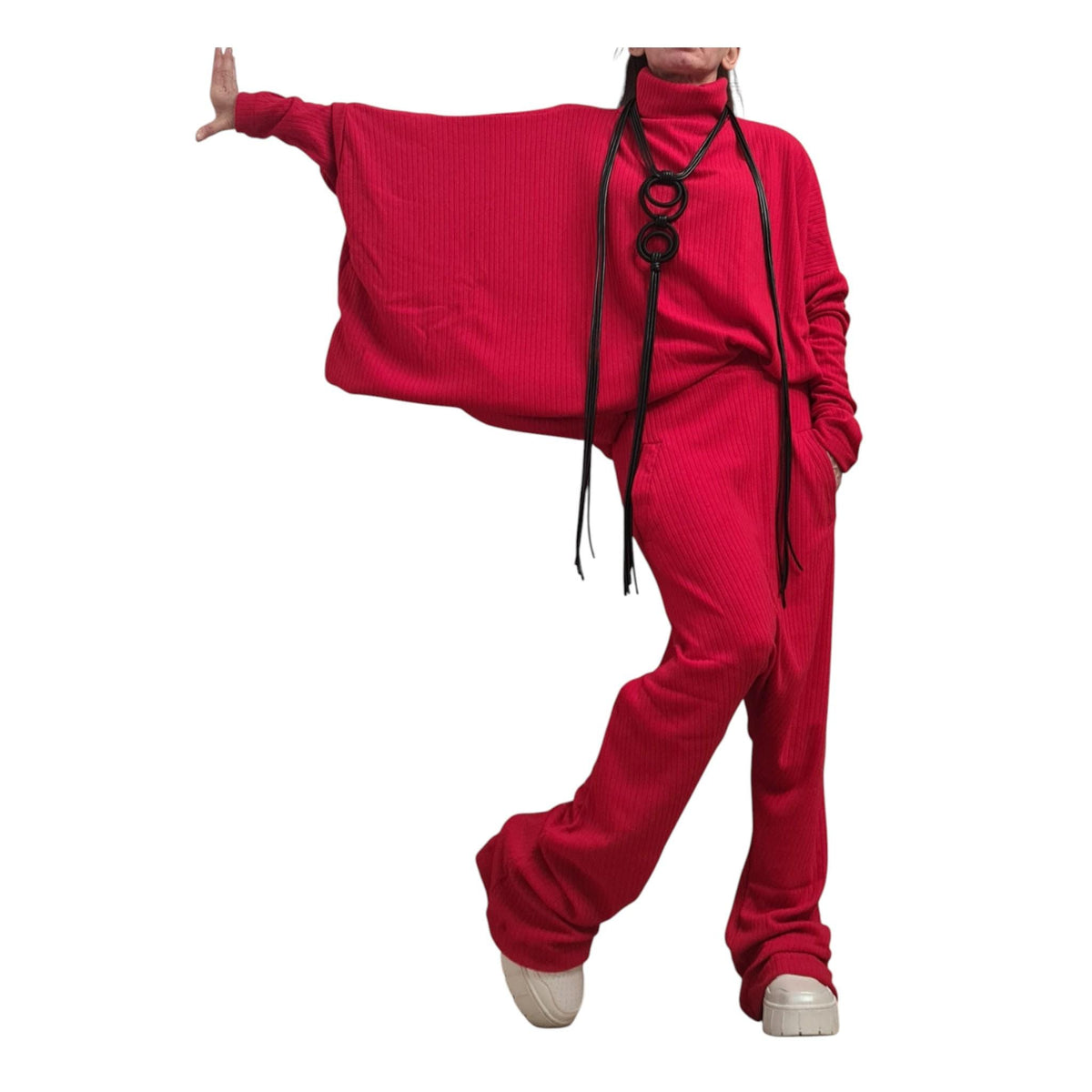 Red Knit Straight Leg Pants, Asymmetrical Batwing Turtleneck Top, Two-Piece Co-Ord Set, Plus Size