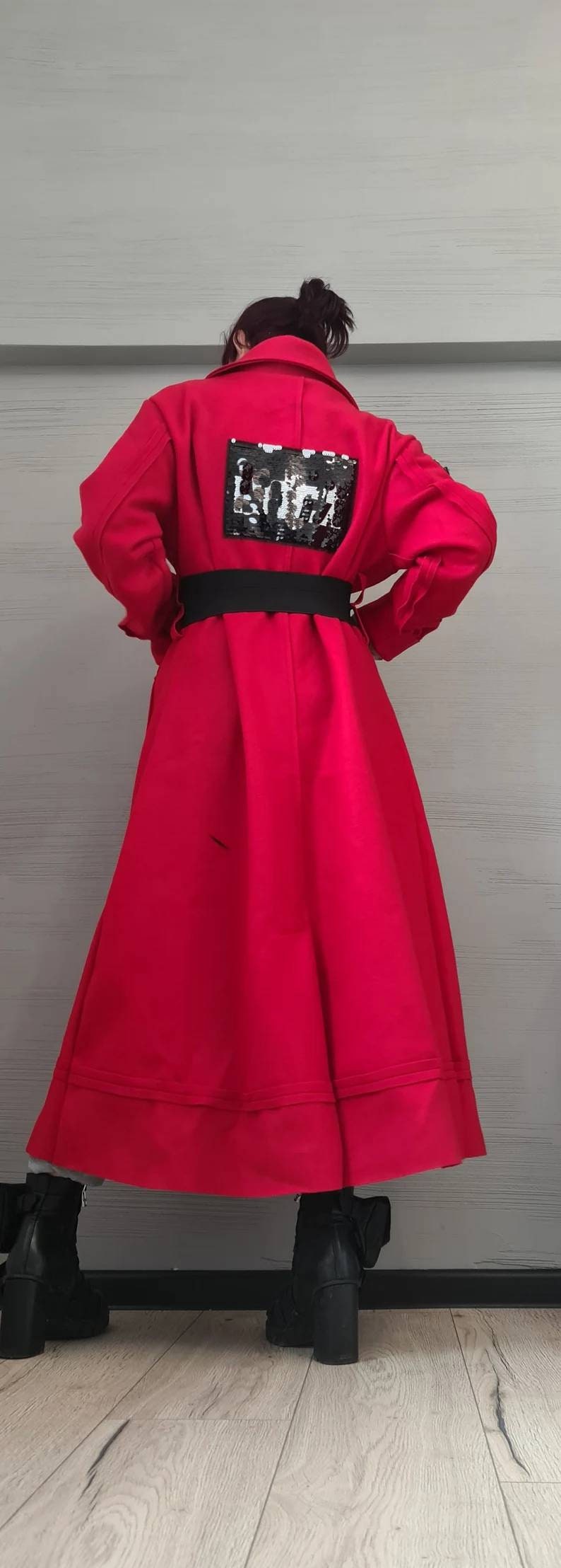 Red Wrap Maxi Coat with Collar, Double Belt Closure, Long Sleeves, Plus Size
