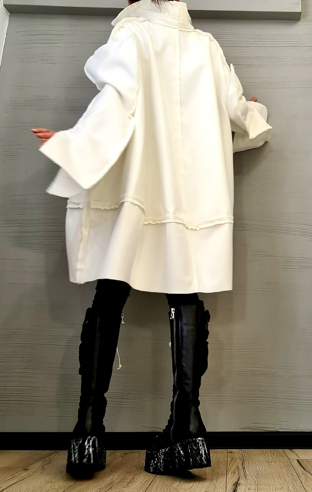 Ivory Oversized Wool Coat, Plus Size Loose Jacket, High Collar Winter Outerwear