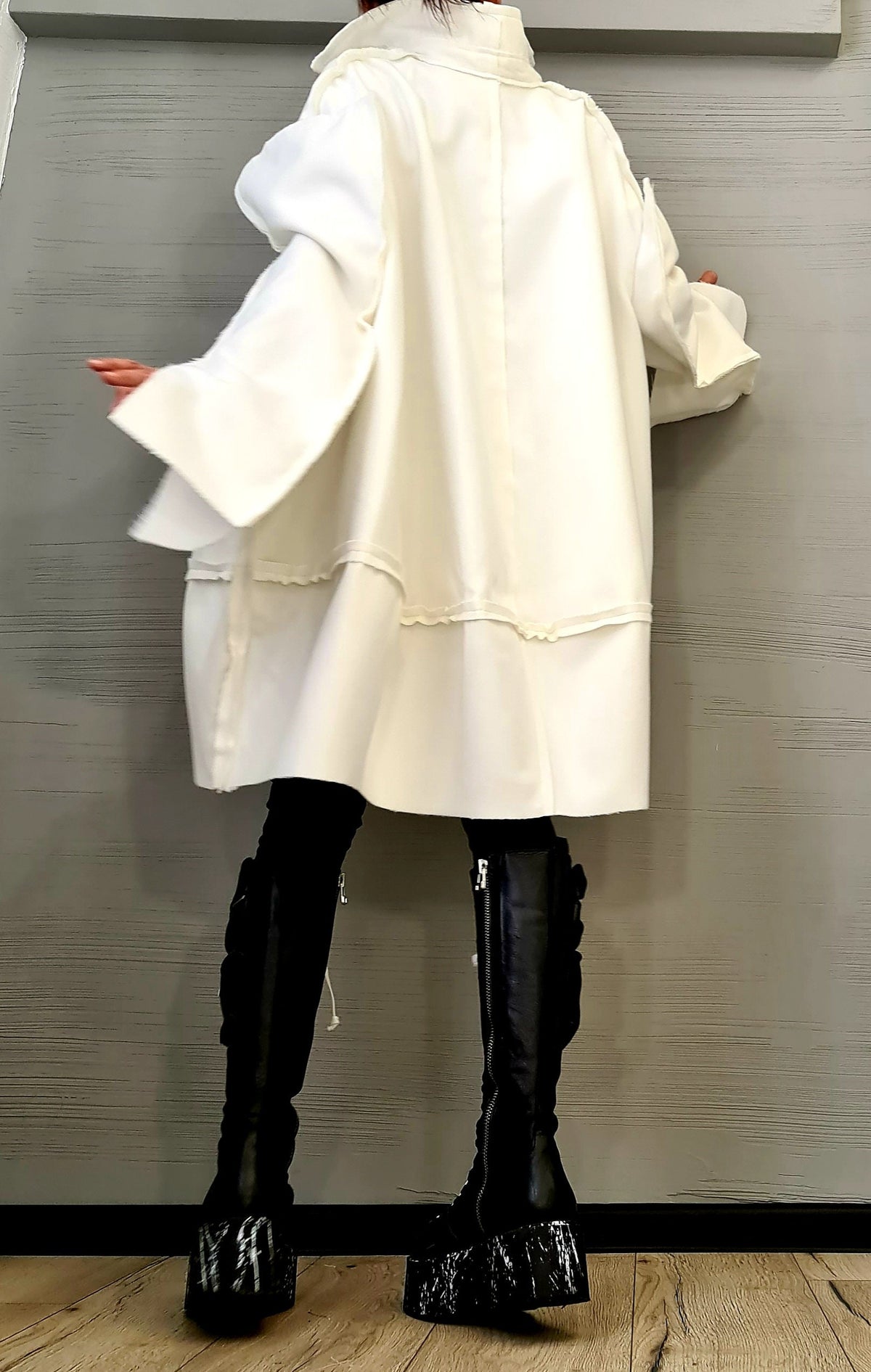 Ivory Oversized Wool Coat, Plus Size Loose Jacket, High Collar Winter Outerwear