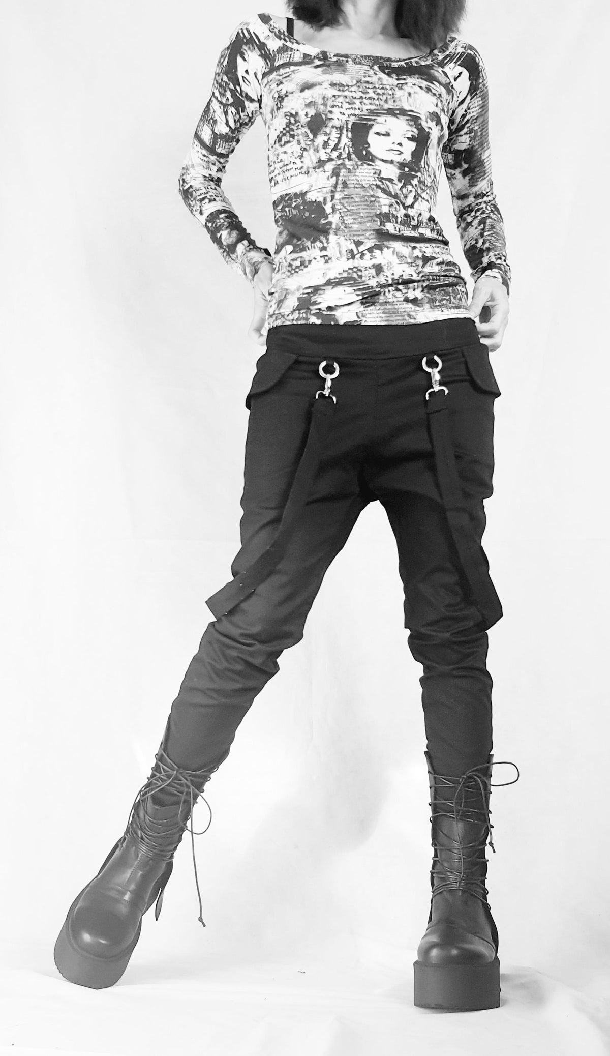 Black Slim Leg Pants, Side Pockets, Decorative Suspenders