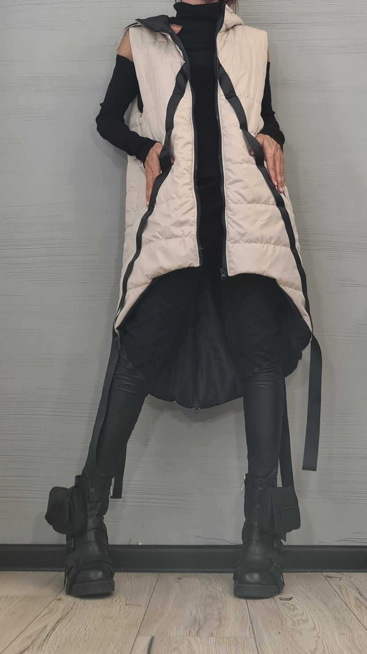 White Oversized Hooded Puffer Vest, Asymmetrical Sleeveless Winter Coat, Black Stripes, Plus Size
