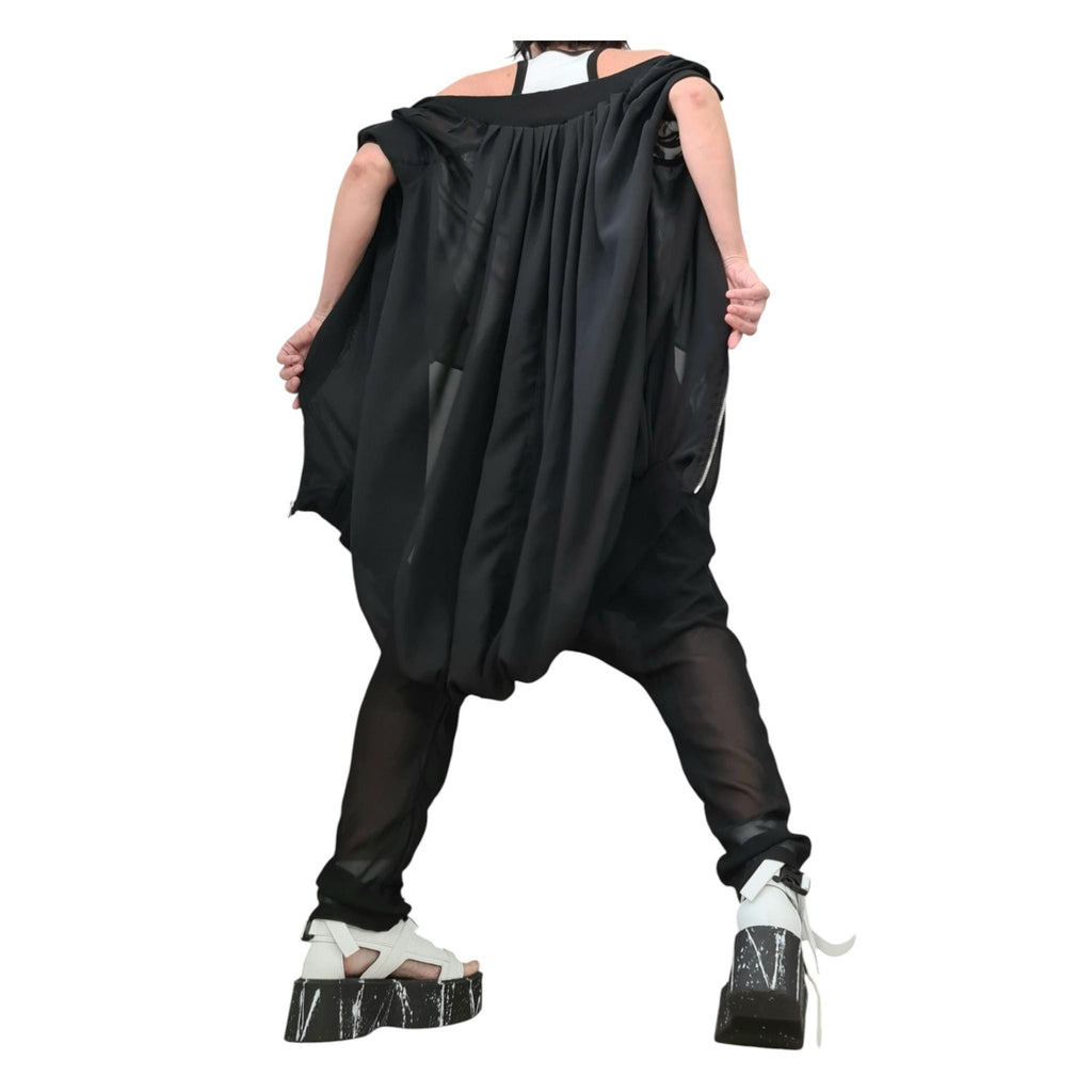 Black Chiffon Harem Pants with Cotton Shorts, Loose Asymmetrical Sweatshirt, Two Piece Co-Ord Set